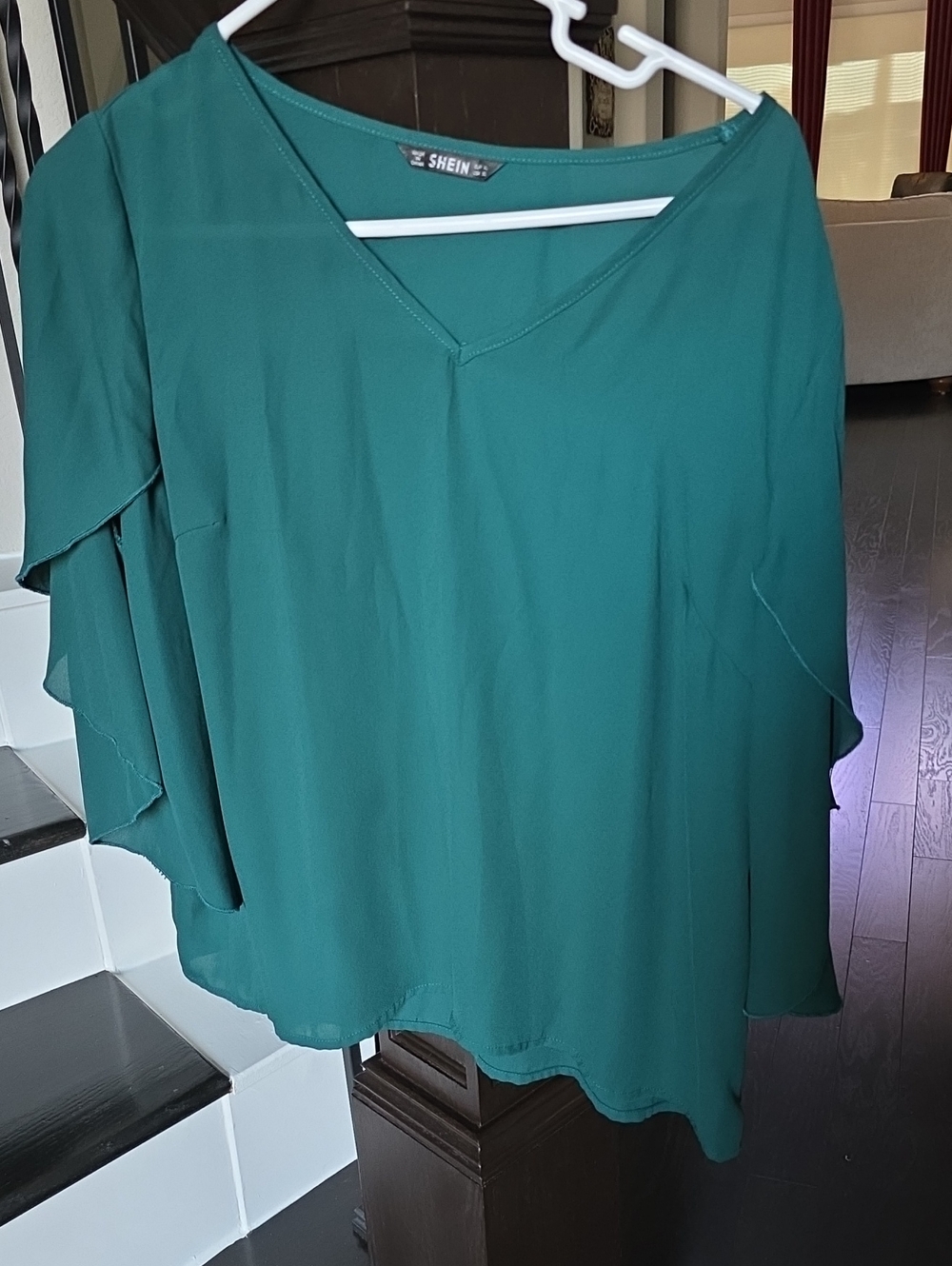 SHEIN Teal V-Neck Flutter Sleeve Blouse